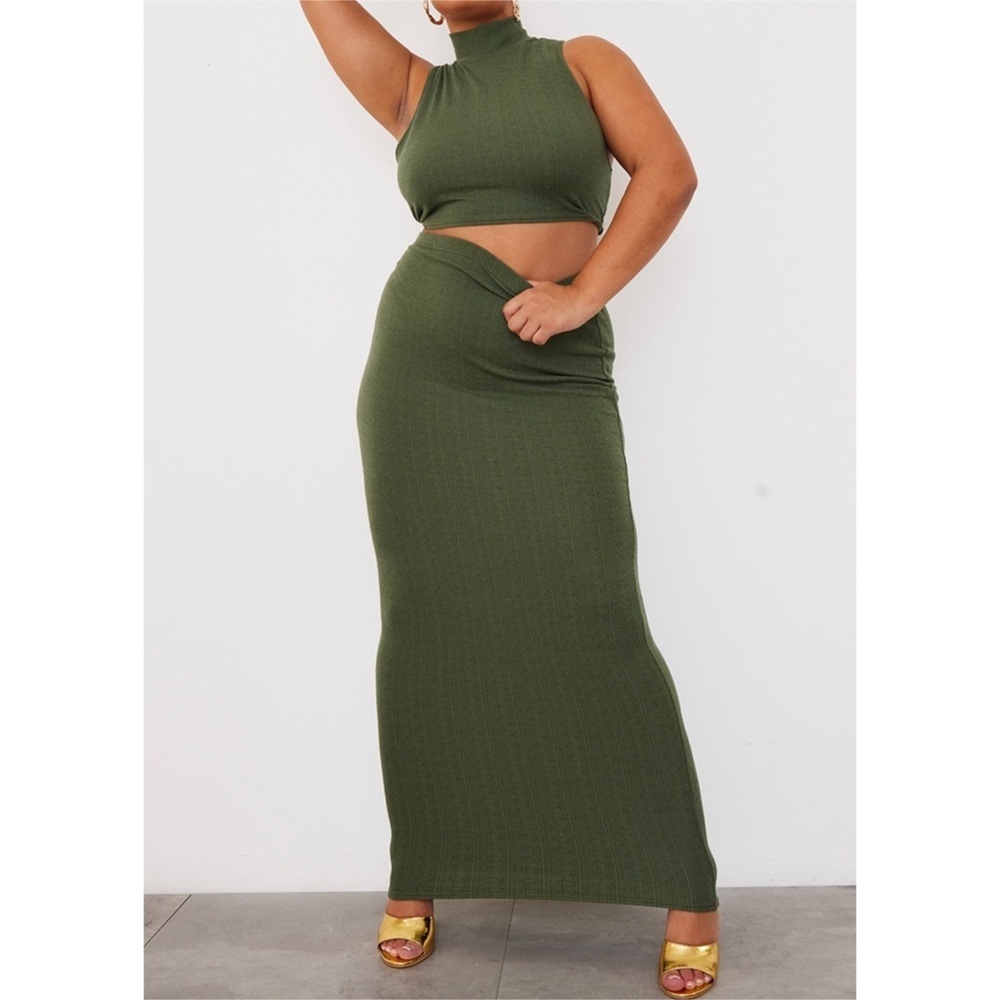 PrettyLittleThing Khaki Textured Jersey High Waist Midaxi Skirt & Crop Top​​​
